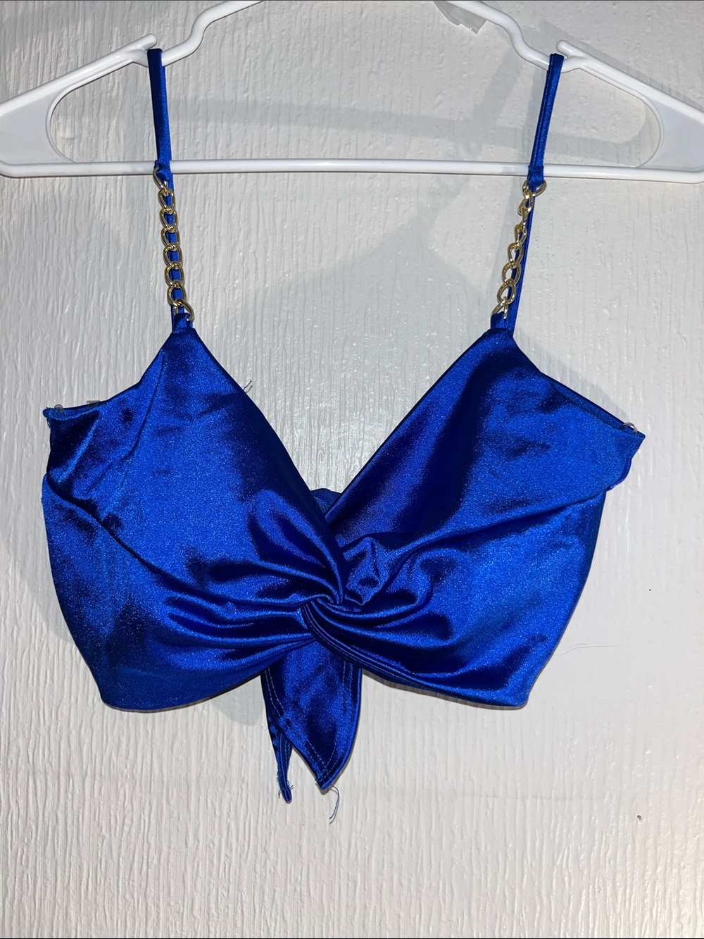 Blue Satin Twist Front Crop Top with Chain Straps